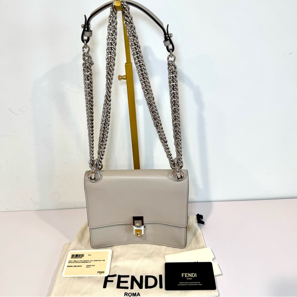 Fendi Kan I Small Shoulder Bag In Neutral Grey Leather W Silver Chain Strap